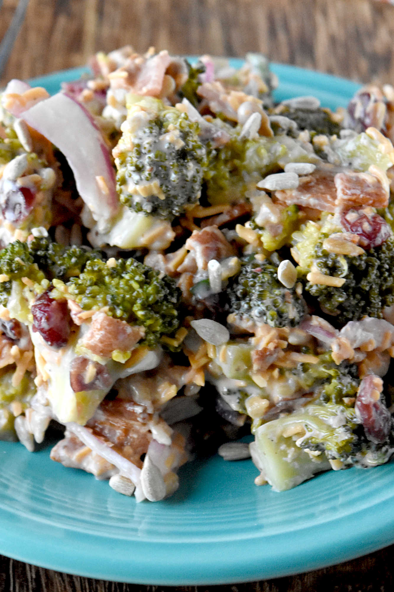 Skip the boring side salads and try this Creamy Broccoli Salad instead! Bursting with flavor and nutrients, it's the perfect accompaniment to any holiday meal. #healthyeating #creamysalad #cleaneating #broccolisalad #SaladLoversUnite #VeggieDelight  #EatYourGreens #holidaysidedish #sidedishrecipe #sidesalad
