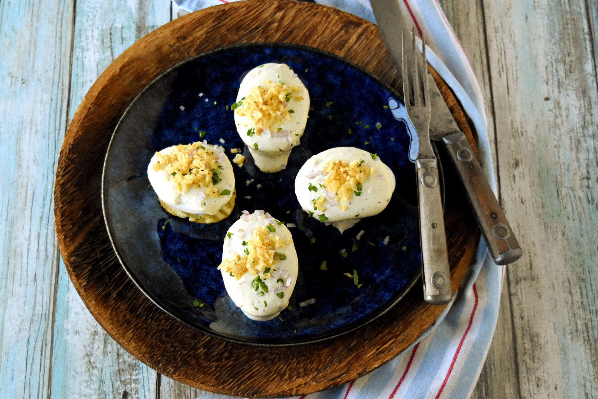 Oeufs Mayonnaise: the perfect balance of rich, creamy mayo and perfectly cooked eggs. A match made in gastronomic heaven.  #FrenchCuisine #ClassicEggDish #FoodieFaves #MayonnaiseObsessed #EggRecipes #OurFamilyTable #JacquesPepin
