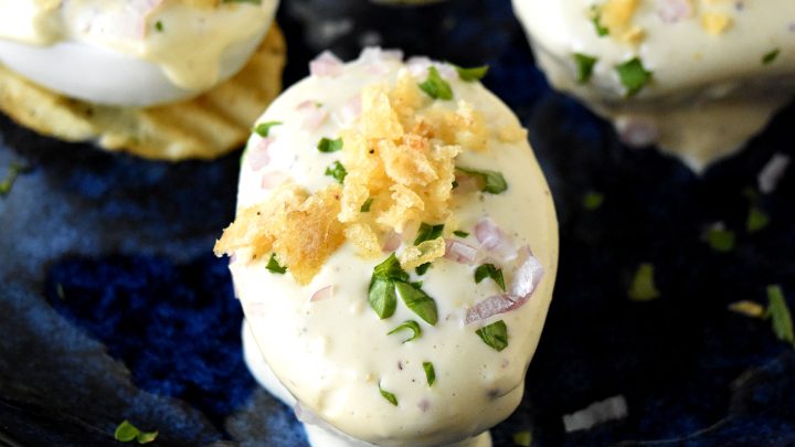 Oeufs Mayonnaise: the perfect balance of rich, creamy mayo and perfectly cooked eggs. A match made in gastronomic heaven. #FrenchCuisine #ClassicEggDish #FoodieFaves #MayonnaiseObsessed #EggRecipes #OurFamilyTable #JacquesPepin