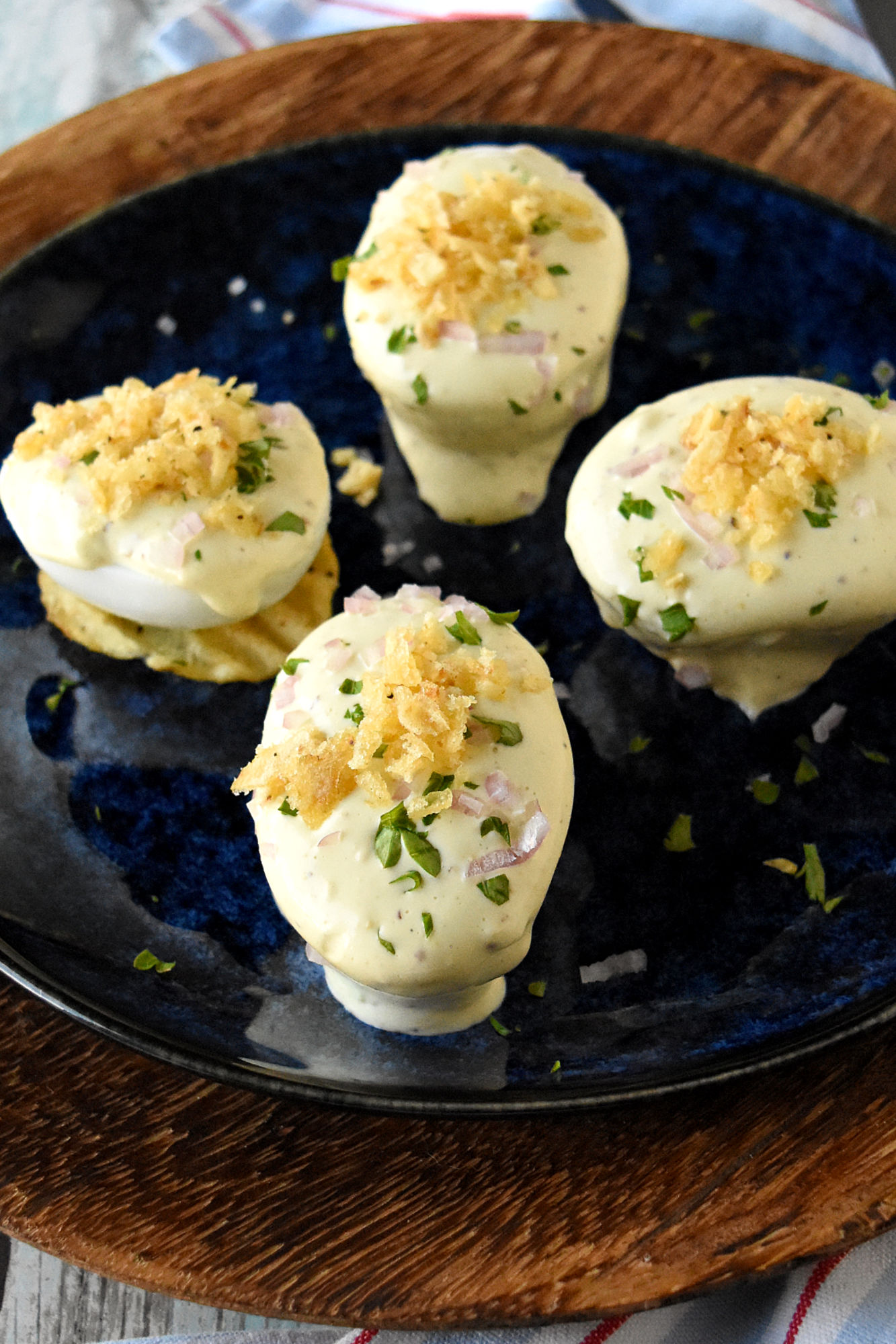 Oeufs Mayonnaise: the perfect balance of rich, creamy mayo and perfectly cooked eggs. A match made in gastronomic heaven.  #FrenchCuisine #ClassicEggDish #FoodieFaves #MayonnaiseObsessed #EggRecipes #OurFamilyTable #JacquesPepin
